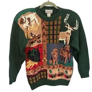 Vintage P'Galli Womens Embroidered Sweater Hunting Dogs Deer Duck Country Chic